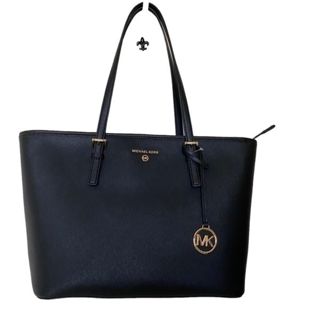 Michael Michael Kors Black Leather Jet Set Charm Zip Top Shoulder Tote Bag
